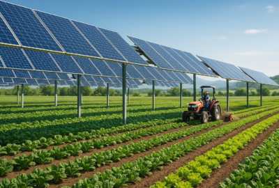 AgriSolar in action: Solar panels elevated above farmland, enabling simultaneous crop cultivation and clean energy generation.